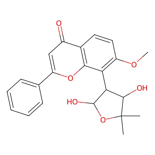 2D Structure of 8-(2,4-Dihydroxy-5,5-dimethyloxolan-3-yl)-7-methoxy-2-phenylchromen-4-one