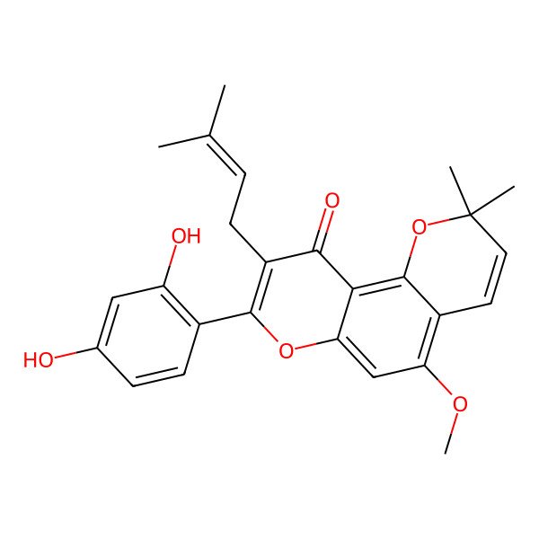 2D Structure of 8-(2,4-Dihydroxyphenyl)-5-methoxy-2,2-dimethyl-9-(3-methylbut-2-enyl)pyrano[2,3-f]chromen-10-one