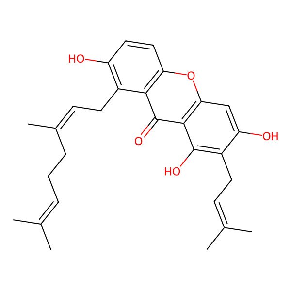 2D Structure of 8-[(2E)-3,7-dimethylocta-2,6-dienyl]-1,3,7-trihydroxy-2-(3-methylbut-2-enyl)xanthen-9-one