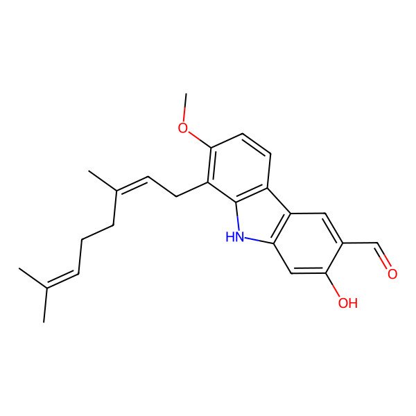 2D Structure of 8-[(2E)-3,7-dimethylocta-2,6-dienyl]-2-hydroxy-7-methoxy-9H-carbazole-3-carbaldehyde