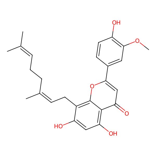 2D Structure of 8-[(2E)-3,7-dimethylocta-2,6-dienyl]-5,7-dihydroxy-2-(4-hydroxy-3-methoxyphenyl)chromen-4-one