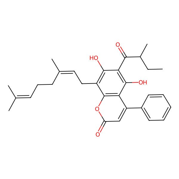 2D Structure of 8-[(2E)-3,7-dimethylocta-2,6-dienyl]-5,7-dihydroxy-6-[(2R)-2-methylbutanoyl]-4-phenylchromen-2-one