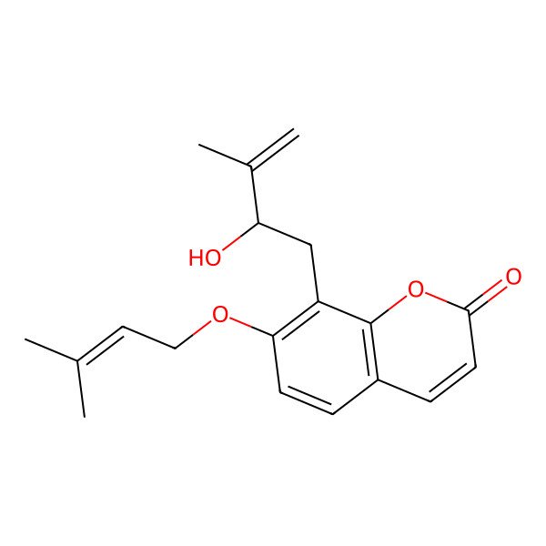 2D Structure of 8-[(2R)-2-hydroxy-3-methylbut-3-enyl]-7-(3-methylbut-2-enoxy)chromen-2-one