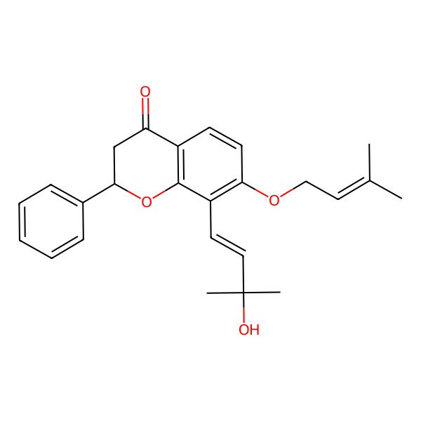 2D Structure of 8-(3-Hydroxy-3-methylbut-1-enyl)-7-(3-methylbut-2-enoxy)-2-phenyl-2,3-dihydrochromen-4-one 2D Structure of 8-(3-Hydroxy-3-methylbut-1-enyl)-7-(3-methylbut-2-enoxy)-2-phenyl-2,3-dihydrochromen-4-one