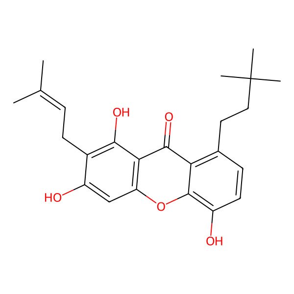 2D Structure of 8-(3,3-Dimethylbutyl)-1,3,5-trihydroxy-2-(3-methylbut-2-enyl)xanthen-9-one