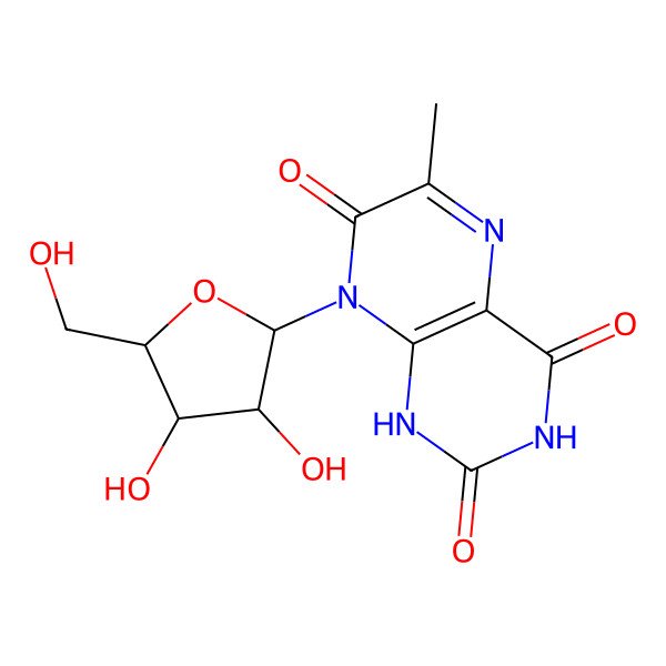 2D Structure of 8-[3,4-dihydroxy-5-(hydroxymethyl)oxolan-2-yl]-6-methyl-1H-pteridine-2,4,7-trione