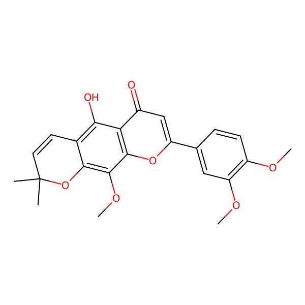 2D Structure of 8-(3,4-Dimethoxyphenyl)-5-hydroxy-10-methoxy-2,2-dimethylpyrano[3,2-g]chromen-6-one