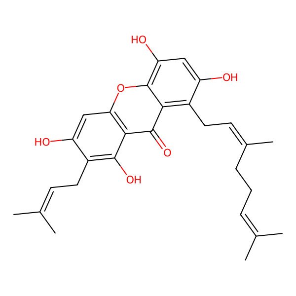 2D Structure of 8-(3,7-Dimethylocta-2,6-dienyl)-1,3,5,7-tetrahydroxy-2-(3-methylbut-2-enyl)xanthen-9-one