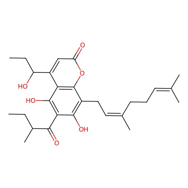 2D Structure of 8-(3,7-Dimethylocta-2,6-dienyl)-5,7-dihydroxy-4-(1-hydroxypropyl)-6-(2-methylbutanoyl)chromen-2-one