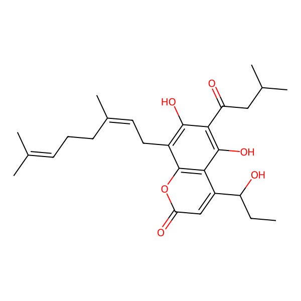 2D Structure of 8-(3,7-Dimethylocta-2,6-dienyl)-5,7-dihydroxy-4-(1-hydroxypropyl)-6-(3-methylbutanoyl)chromen-2-one