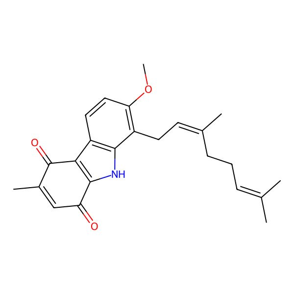 2D Structure of 8-(3,7-dimethylocta-2,6-dienyl)-7-methoxy-3-methyl-9H-carbazole-1,4-dione