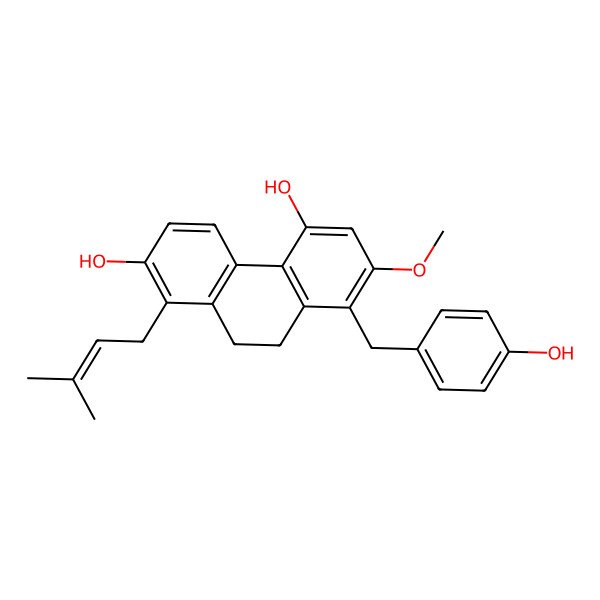 2D Structure of 8-[(4-Hydroxyphenyl)methyl]-7-methoxy-1-(3-methylbut-2-enyl)-9,10-dihydrophenanthrene-2,5-diol