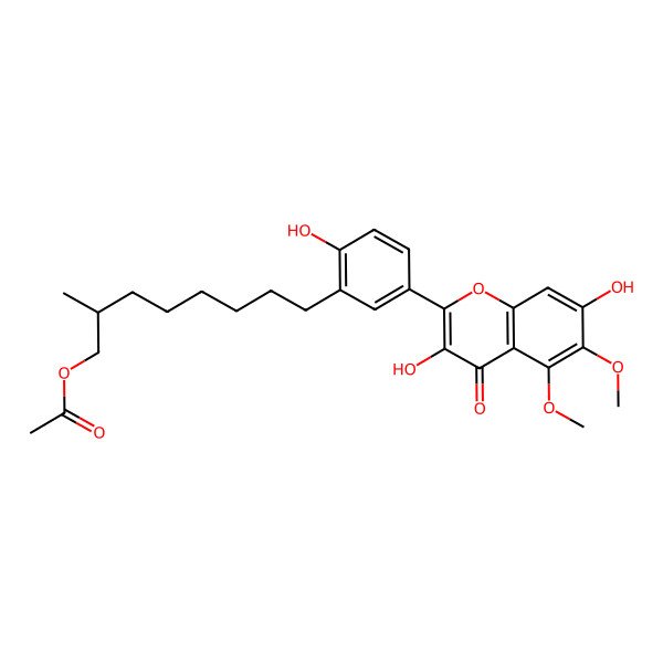 2D Structure of [8-[5-(3,7-Dihydroxy-5,6-dimethoxy-4-oxochromen-2-yl)-2-hydroxyphenyl]-2-methyloctyl] acetate