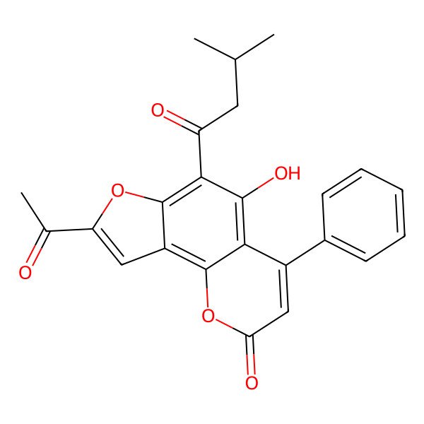2D Structure of 8-acetyl-5-hydroxy-6-(3-methylbutanoyl)-4-phenyl-2H-furo[2,3-h]chromen-2-one