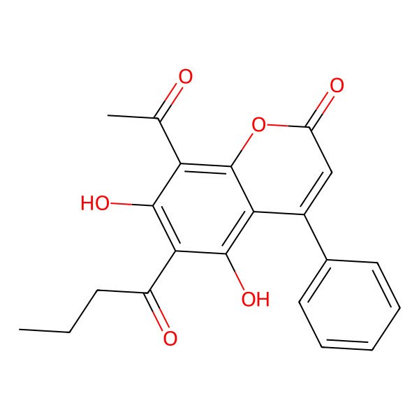 2D Structure of 8-Acetyl-6-butanoyl-5,7-dihydroxy-4-phenylchromen-2-one
