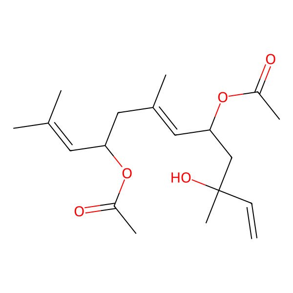 2D Structure of (8-Acetyloxy-10-hydroxy-2,6,10-trimethyldodeca-2,6,11-trien-4-yl) acetate 2D Structure of (8-Acetyloxy-10-hydroxy-2,6,10-trimethyldodeca-2,6,11-trien-4-yl) acetate