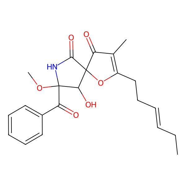 2D Structure of 8-Benzoyl-2-hex-3-enyl-9-hydroxy-8-methoxy-3-methyl-1-oxa-7-azaspiro[4.4]non-2-ene-4,6-dione