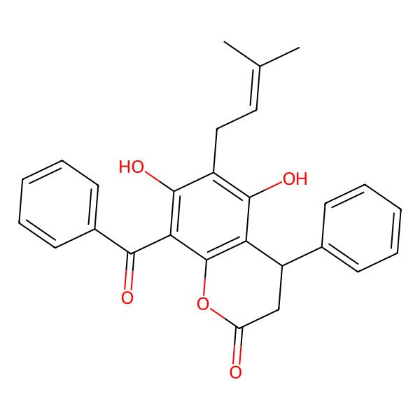 2D Structure of 8-Benzoyl-5,7-dihydroxy-6-(3-methylbut-2-enyl)-4-phenyl-3,4-dihydrochromen-2-one 2D Structure of 8-Benzoyl-5,7-dihydroxy-6-(3-methylbut-2-enyl)-4-phenyl-3,4-dihydrochromen-2-one