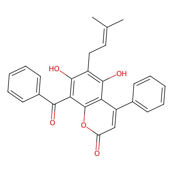 2D Structure of 8-Benzoyl-5,7-dihydroxy-6-(3-methylbut-2-enyl)-4-phenylchromen-2-one