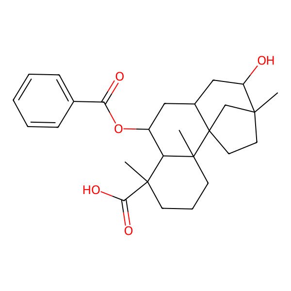 2D Structure of 8-Benzoyloxy-12-hydroxy-2,6,13-trimethyltetracyclo[11.2.1.01,10.02,7]hexadecane-6-carboxylic acid