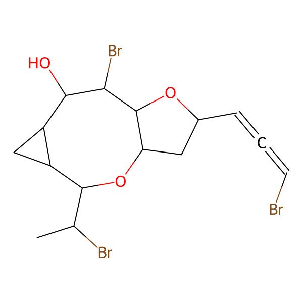 2D Structure of 8-Bromo-3-(1-bromoethyl)-11-(3-bromopropa-1,2-dienyl)-2,10-dioxatricyclo[7.3.0.04,6]dodecan-7-ol