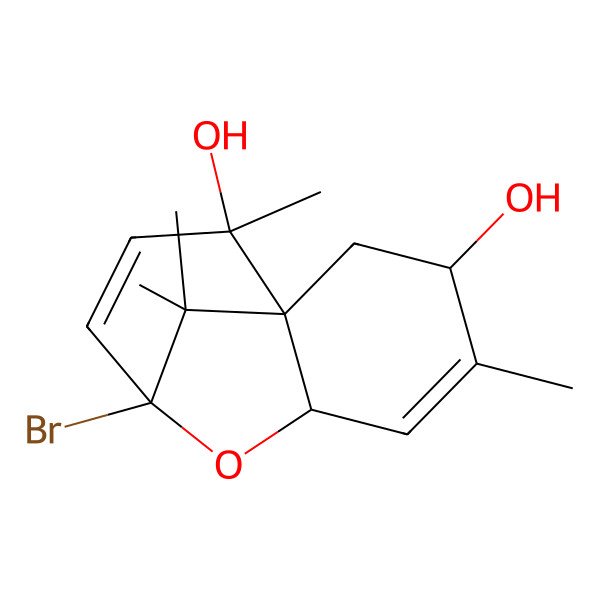 2D Structure of 8-Bromo-4,11,12,12-tetramethyl-7-oxatricyclo[6.3.1.01,6]dodeca-4,9-diene-3,11-diol