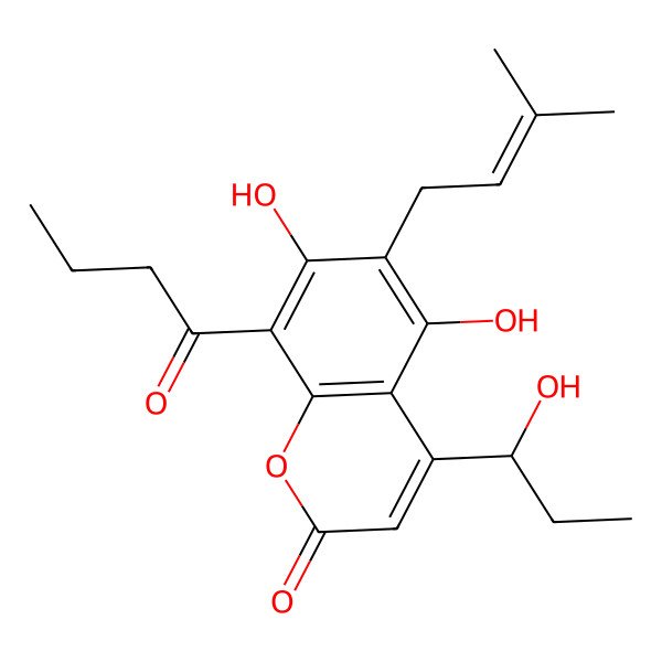 2D Structure of 8-butanoyl-5,7-dihydroxy-4-[(1S)-1-hydroxypropyl]-6-(3-methylbut-2-enyl)chromen-2-one