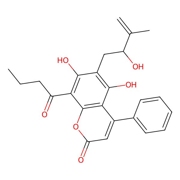 2D Structure of 8-butanoyl-5,7-dihydroxy-6-[(2R)-2-hydroxy-3-methylbut-3-enyl]-4-phenylchromen-2-one