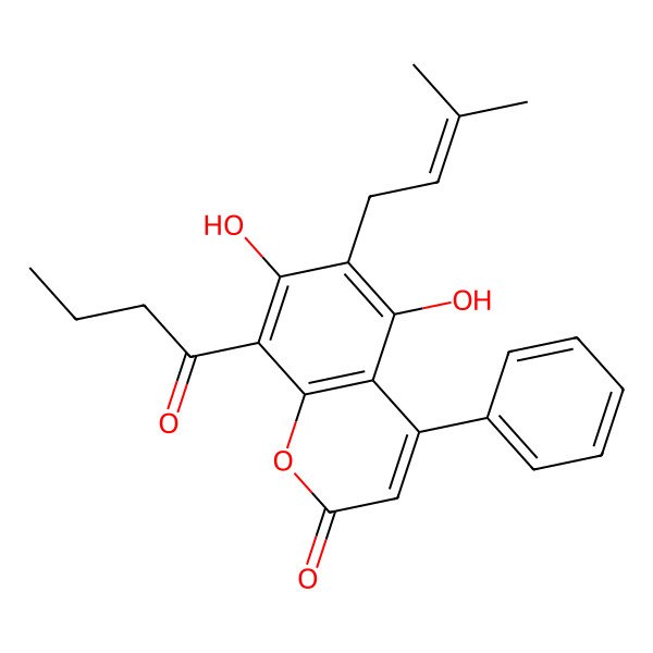 2D Structure of 8-Butanoyl-5,7-dihydroxy-6-(3-methylbut-2-enyl)-4-phenylchromen-2-one