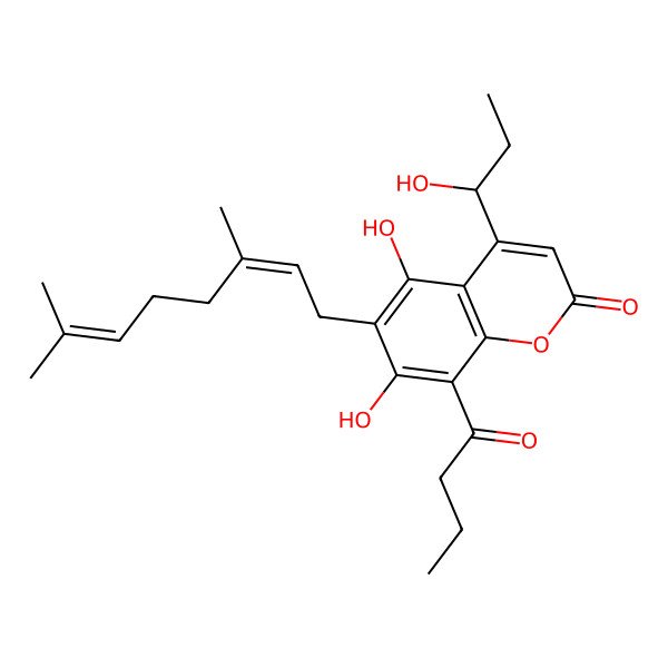 2D Structure of 8-Butanoyl-6-(3,7-dimethylocta-2,6-dienyl)-5,7-dihydroxy-4-(1-hydroxypropyl)chromen-2-one