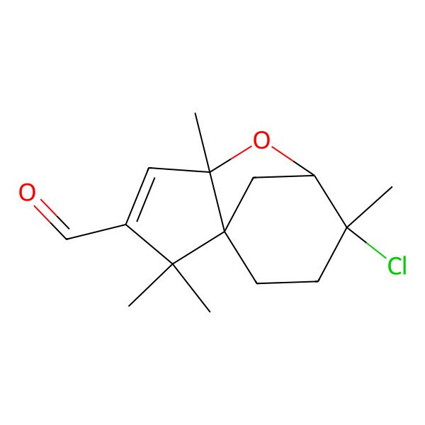 2D Structure of 8-Chloro-2,2,5,8-tetramethyl-6-oxatricyclo[5.3.1.01,5]undec-3-ene-3-carbaldehyde