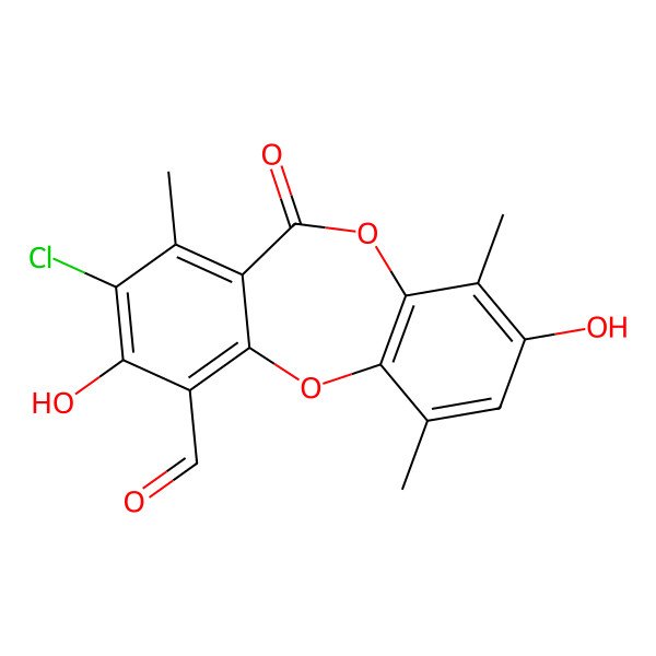 2D Structure of 8-Chloro-3,9-dihydroxy-1,4,7-trimethyl-6-oxobenzo[b][1,4]benzodioxepine-10-carbaldehyde
