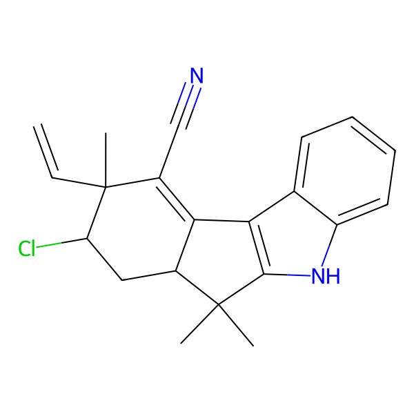 2D Structure of 8-Chloro-9-ethenyl-6,6,9-trimethyl-5,6a,7,8-tetrahydroindeno[2,1-b]indole-10-carbonitrile