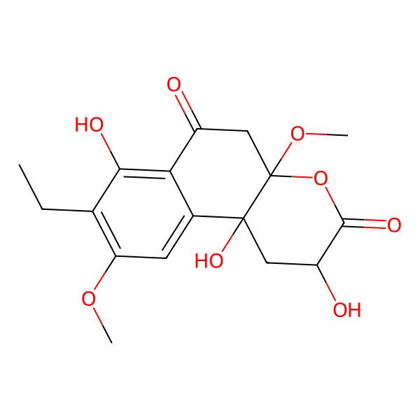 2D Structure of 8-ethyl-2,7,10b-trihydroxy-4a,9-dimethoxy-2,5-dihydro-1H-benzo[f]chromene-3,6-dione