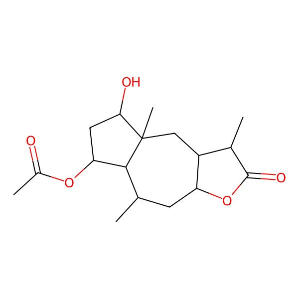 2D Structure of (8-Hydroxy-1,5,8a-trimethyl-2-oxo-1,3a,4,5,5a,6,7,8,9,9a-decahydroazuleno[6,5-b]furan-6-yl) acetate