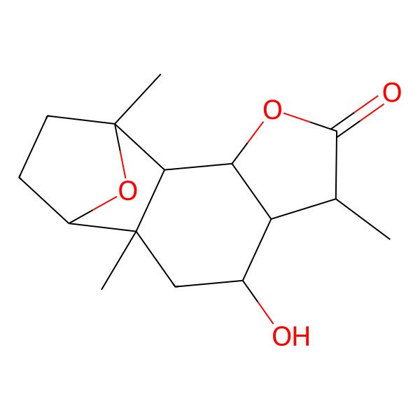 2D Structure of 8-Hydroxy-1,6,10-trimethyl-4,14-dioxatetracyclo[9.2.1.02,10.03,7]tetradecan-5-one