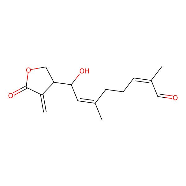 2D Structure of 8-Hydroxy-2,6-dimethyl-8-(4-methylidene-5-oxooxolan-3-yl)octa-2,6-dienal 2D Structure of 8-Hydroxy-2,6-dimethyl-8-(4-methylidene-5-oxooxolan-3-yl)octa-2,6-dienal