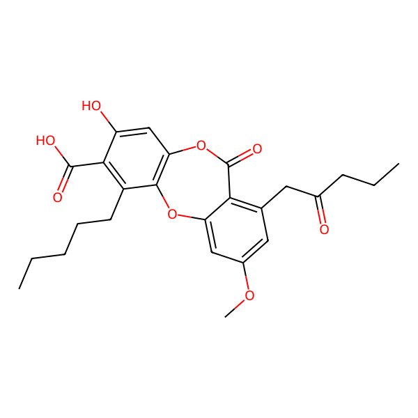 2D Structure of 8-Hydroxy-3-methoxy-11-oxo-1-(2-oxopentyl)-6-pentyl-11H-dibenzo(b,e)(1,4)dioxepine-7-carboxylic acid