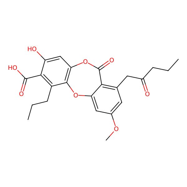 2D Structure of 8-Hydroxy-3-methoxy-11-oxo-1-(2-oxopentyl)-6-propyl-11H-dibenzo[b,e][1,4]dioxepine-7-carboxylic acid