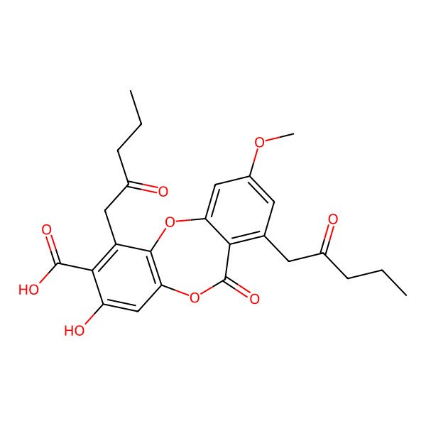 2D Structure of 8-Hydroxy-3-methoxy-11-oxo-1,6-bis(2-oxopentyl)-11H-dibenzo[b,e][1,4]dioxepine-7-carboxylic acid