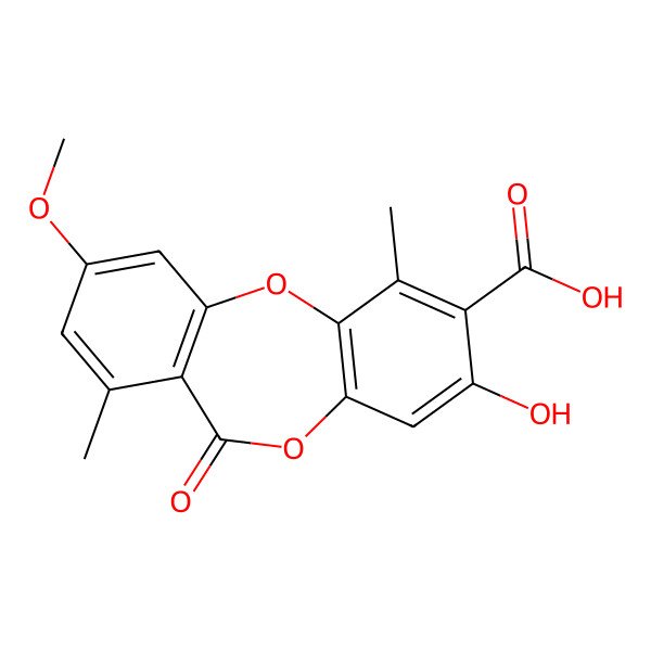 2D Structure of 8-Hydroxy-3-methoxy-1,6-dimethyl-11-oxo-11H-dibenzo[b,e][1,4]dioxepine-7-carboxylic acid