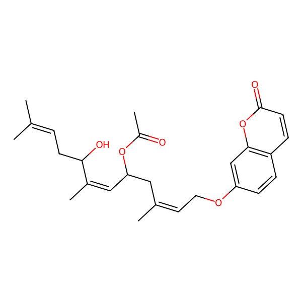 2D Structure of [8-Hydroxy-3,7,11-trimethyl-1-(2-oxochromen-7-yl)oxydodeca-2,6,10-trien-5-yl] acetate