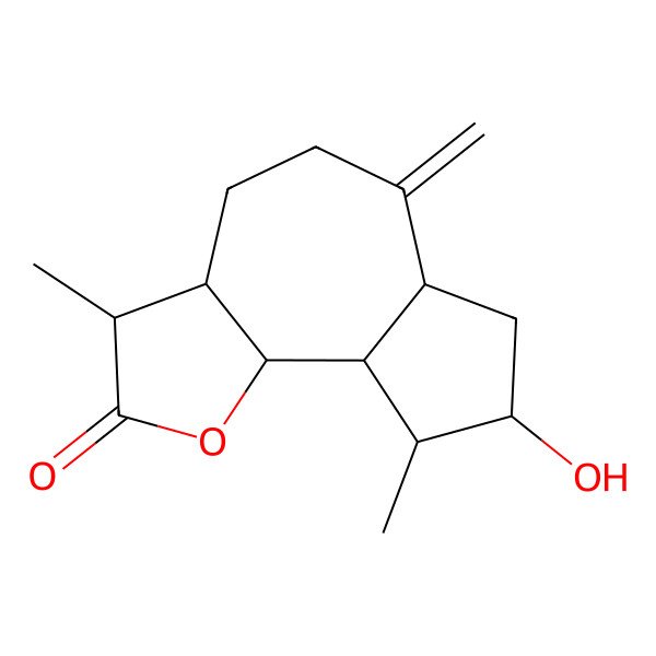 2D Structure of 8-Hydroxy-3,9-dimethyl-6-methylidene-3,3a,4,5,6a,7,8,9,9a,9b-decahydroazuleno[4,5-b]furan-2-one