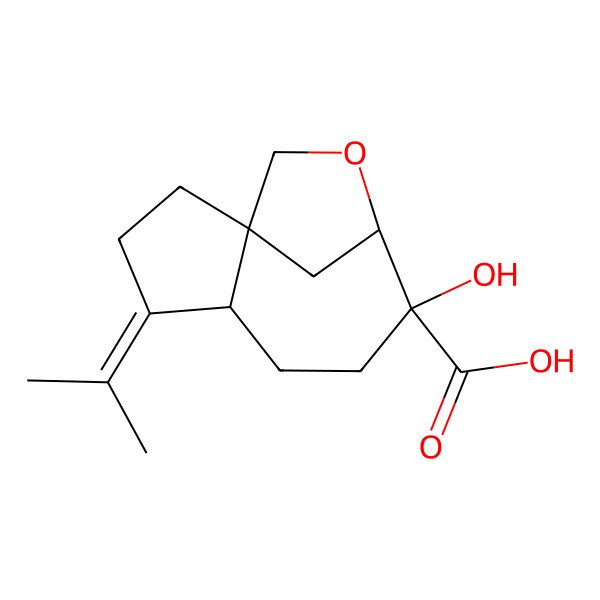 2D Structure of 8-Hydroxy-4-propan-2-ylidene-10-oxatricyclo[7.2.1.01,5]dodecane-8-carboxylic acid