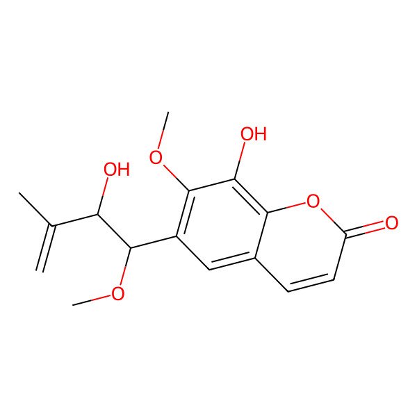 2D Structure of 8-hydroxy-6-[(1R,2R)-2-hydroxy-1-methoxy-3-methylbut-3-enyl]-7-methoxychromen-2-one