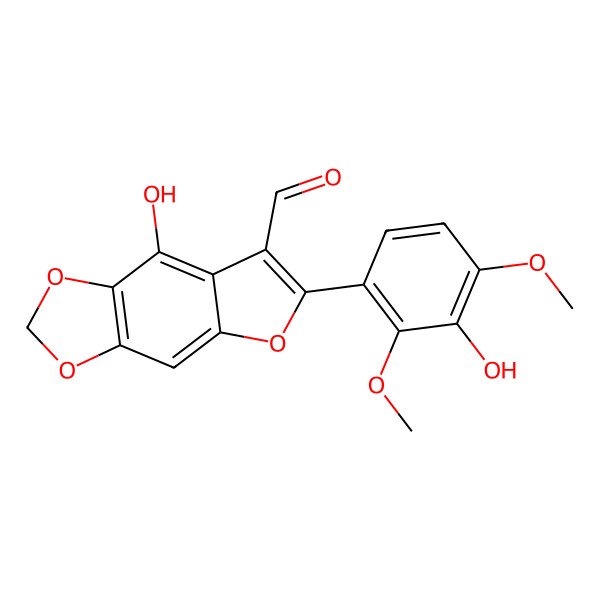 2D Structure of 8-Hydroxy-6-(3-hydroxy-2,4-dimethoxyphenyl)furo[2,3-f][1,3]benzodioxole-7-carbaldehyde