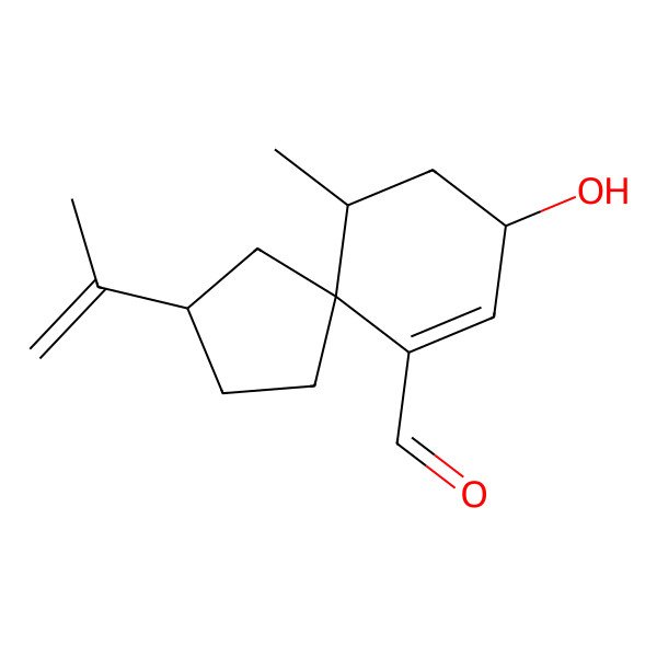 2D Structure of 8-Hydroxy-6-methyl-3-prop-1-en-2-ylspiro[4.5]dec-9-ene-10-carbaldehyde