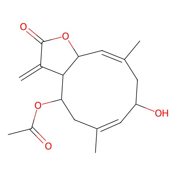 2D Structure of (8-Hydroxy-6,10-dimethyl-3-methylidene-2-oxo-3a,4,5,8,9,11a-hexahydrocyclodeca[b]furan-4-yl) acetate