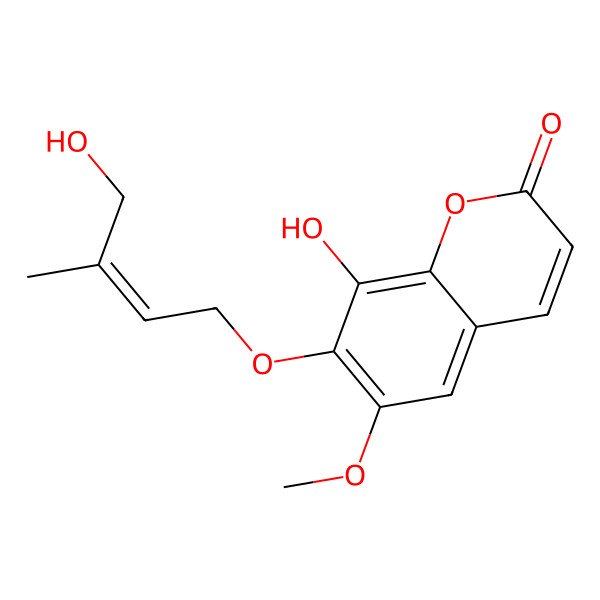 2D Structure of 8-Hydroxy-7-(4'-hydroxy-3'-methyl-but-2'-enyl-oxy)-6-methoxycoumarin