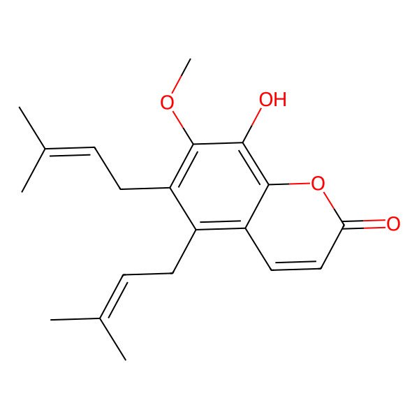 2D Structure of 8-Hydroxy-7-methoxy-5,6-bis(3-methylbut-2-enyl)chromen-2-one 2D Structure of 8-Hydroxy-7-methoxy-5,6-bis(3-methylbut-2-enyl)chromen-2-one